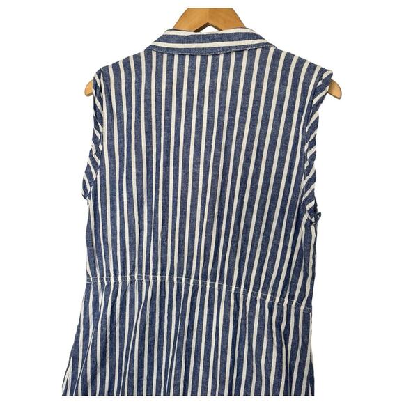 Beach Lunch Lounge Dress Womens L Linen Striped Shirt Embroidered Floral Blue - Picture 11 of 12
